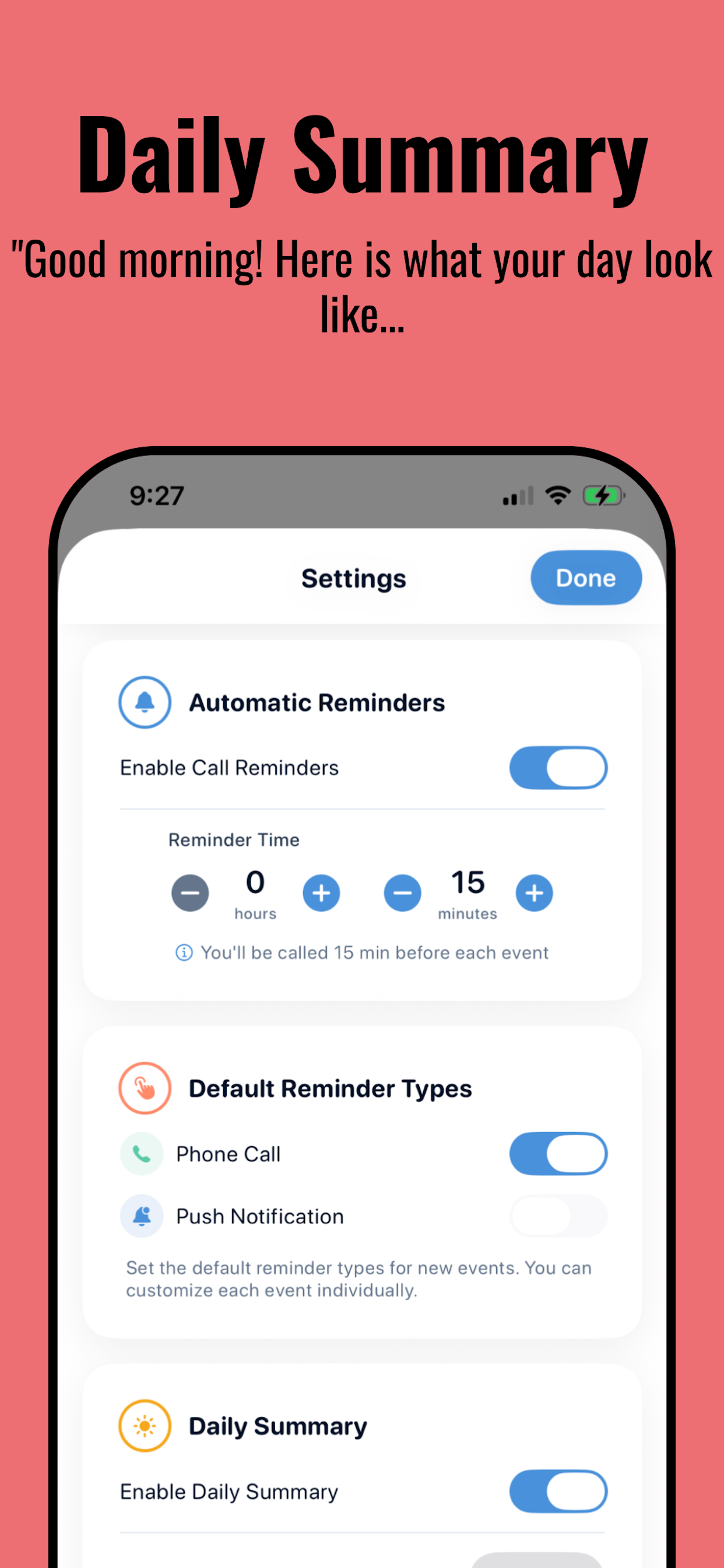 Calendar Call - Daily summary and settings